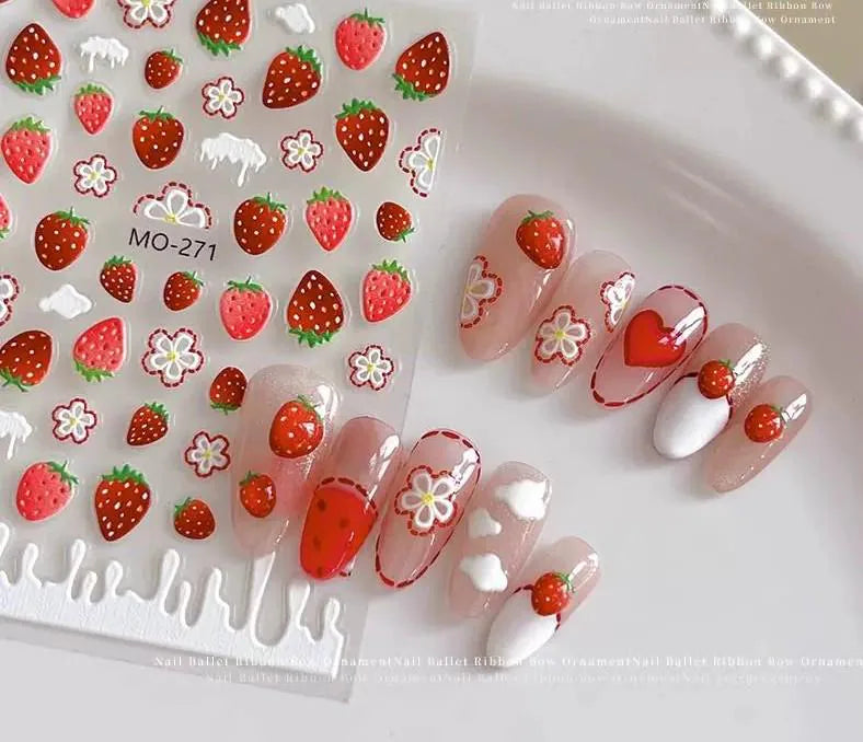 Erdbeer-Nagelsticker | Süße Sommerfrucht-Nagelsticker | Kawaii 3D Nageldesign | DIY Maniküre-Zubehör