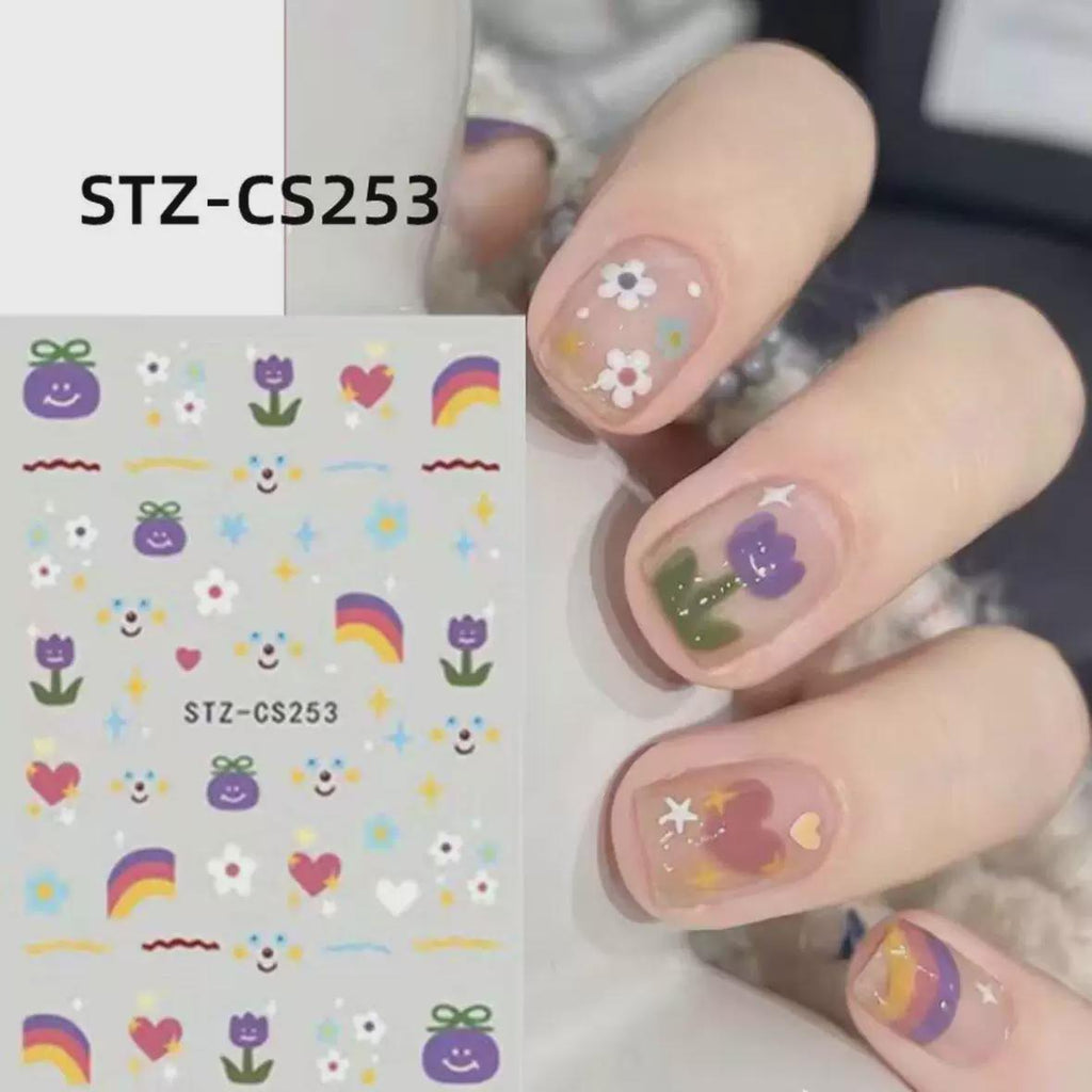 Cute Rainbow Flower Nail Stickers – Kawaii Tulip Heart Nail Art Decals