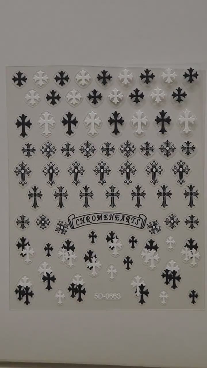 Chrome Hearts Style Gothic Cross Decals | 5D Embossed Black White Cross Stickers | Grunge Punk DIY Nail Art Supplies
