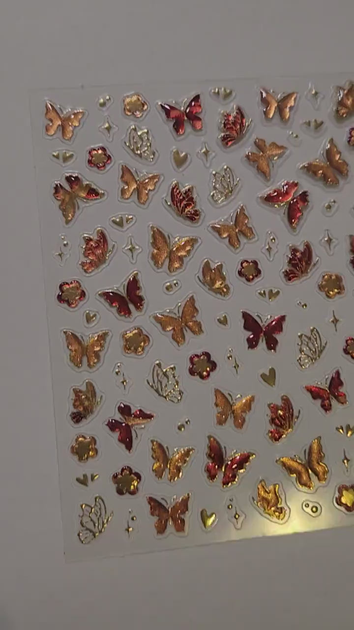 5D Gold & Red Orange Butterfly Nail Stickers | Embossed Metallic Decals | Luxury Chinese New Year Autumn Nail Art