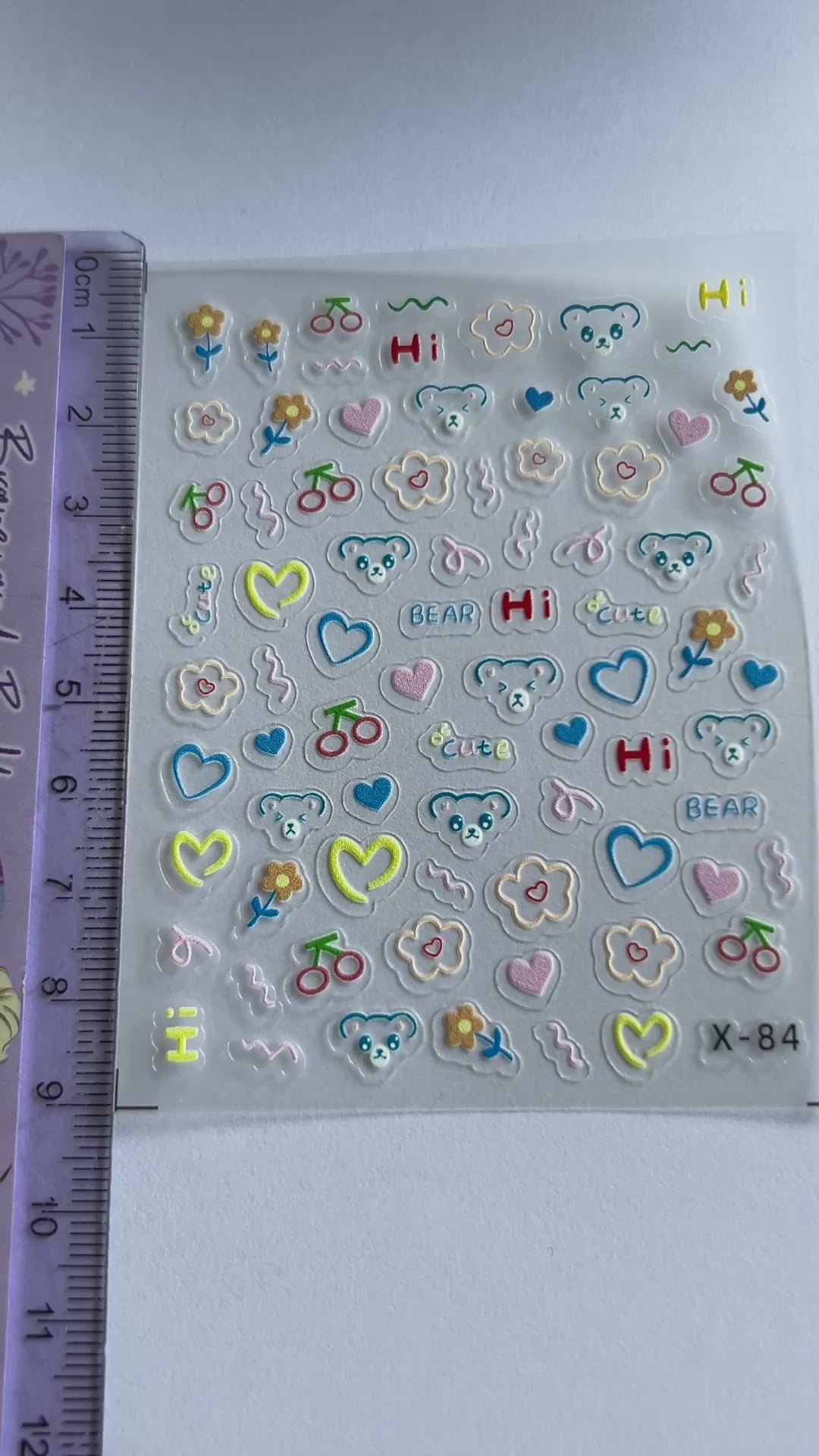 Kawaii Blue Bear & Cherry Nail Stickers - "Hi" Bear Nail Decals | Cute Hearts, Flowers, and Cherries | 3D Look Aesthetic DIY Nail Art